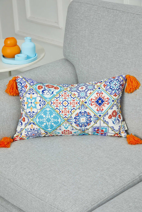 Bohemian Charm Tassel Throw Pillow Cover with Vibrant Mosaic Patterns and Tassels, Boho Large Lumbar Pillow Cover for Living Room,K-357