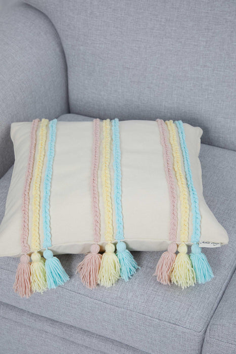 Handicraft Canvas Throw Pillow Cover with Knitted Tassels, 18x18 Inches Cushion Cover for Modern Living Rooms, Stylish Pillow Cover,K-288