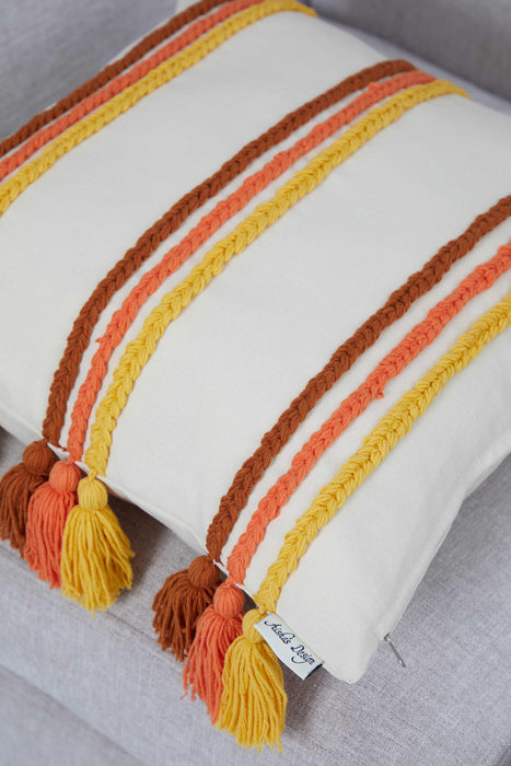 Handicraft Canvas Throw Pillow Cover with Knitted Tassels, 18x18 Inches Cushion Cover for Modern Living Rooms, Stylish Pillow Cover,K-288