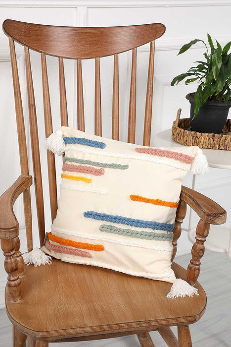 Boho Canvas Decorative Throw Pillow Case Square Cushion Cover, One Side Handicraft Embriodery Wool Chain Accessories,,K-202