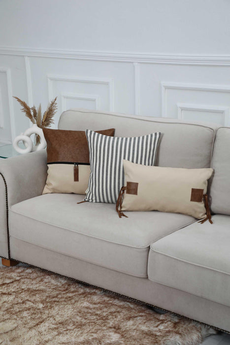 غطاء وسادة من القماش بوهو مع تفاصيل جلدية مزدوجة، غطاء وسادة مزخرف عالي الجودة للأريكة مقاس 20 × 12 بوصة لغرفة المعيشة، K-248