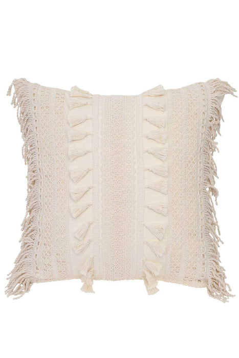 Boho Fringed Throw Pillow Cover with Tassels in the Middle Line, 18x18 Inches Ruffled and Tufted Square Pillow Cover for Living Room,K-168