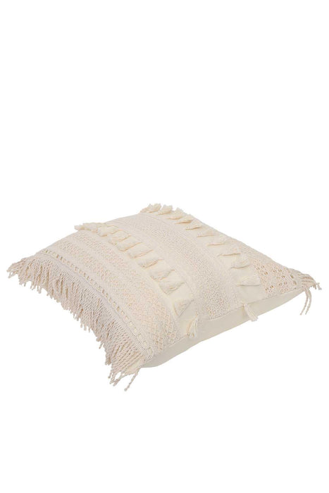 Boho Fringed Throw Pillow Cover with Tassels in the Middle Line, 18x18 Inches Ruffled and Tufted Square Pillow Cover for Living Room,K-168