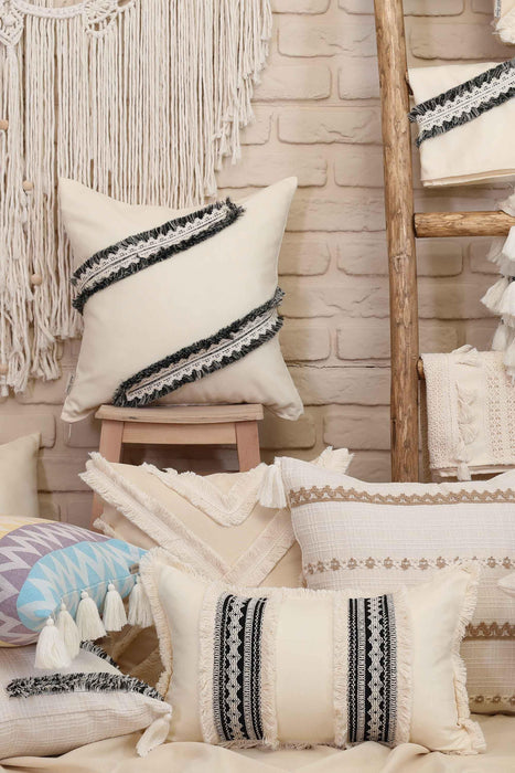 Boho Decorative Cotton Fringed Canvas Throw Pillow Covers 45 x 45 cm (18 x 18 inch) Tufted Pillow Covers, for Bedroom Living Room Sofa,K-165