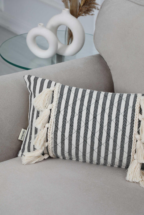 Tasseled Throw Pillow Cover with Striped-Patterns, 20x12 Inches High Quality and Comfortable Lumbar Pillow Cover, Farmhouse Pillow,K-247