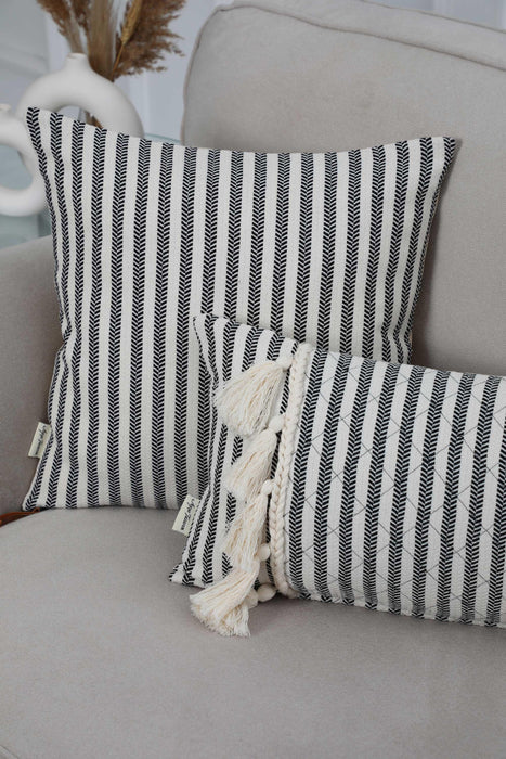 Tasseled Throw Pillow Cover with Striped-Patterns, 20x12 Inches High Quality and Comfortable Lumbar Pillow Cover, Farmhouse Pillow,K-247