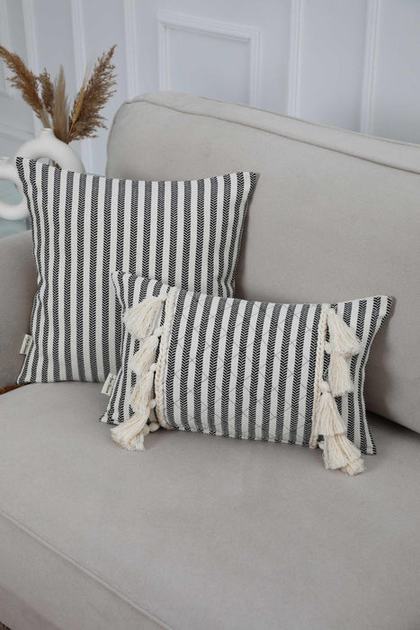 Tasseled Throw Pillow Cover with Striped-Patterns, 20x12 Inches High Quality and Comfortable Lumbar Pillow Cover, Farmhouse Pillow,K-247