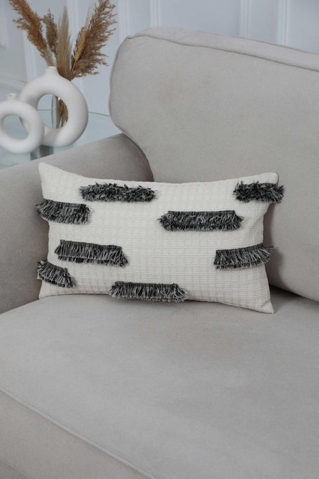 Decorative Throw Pillow Cover with Black and White Fringes, 20x12 Bohemian Lumbar Pillow Cover with a Fashionable Design,K-250