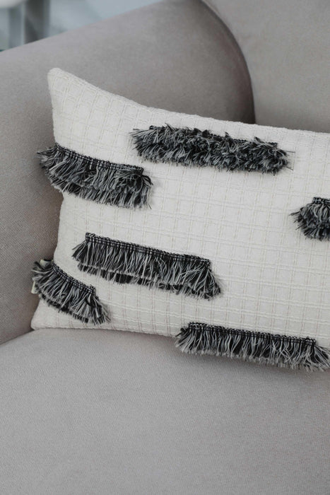 Decorative Throw Pillow Cover with Black and White Fringes 20x12