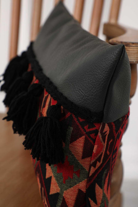 Boho Decorative Fringed 1st Quality Faux Leather Pillow Cover with Tassels 30 x 50 cm (12 x 20 inch),K-207