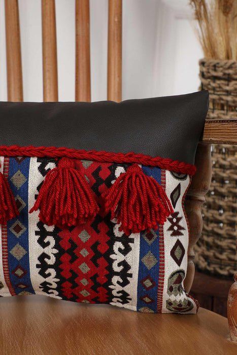 Boho Decorative Fringed 1st Quality Faux Leather Pillow Cover with Tassels 30 x 50 cm (12 x 20 inch),K-207