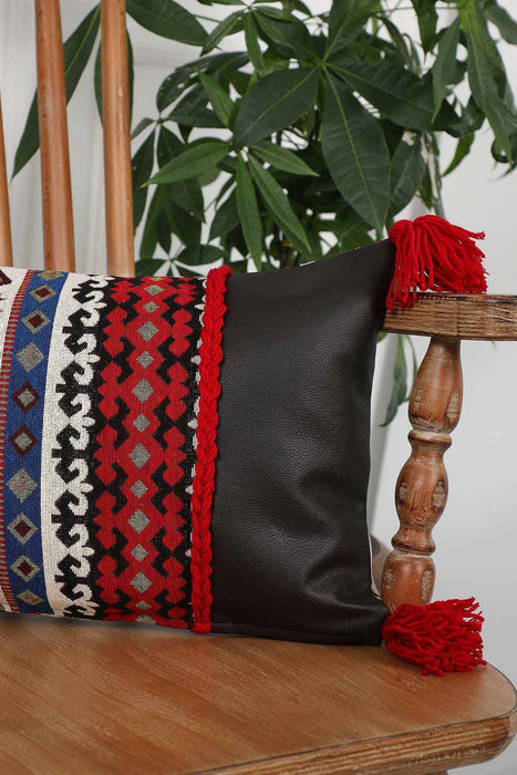 Boho Decorative Fringed 1st Quality Faux Leather Pillow Cover with Tassels 30 x 50 cm (12 x 20 inch),K-214