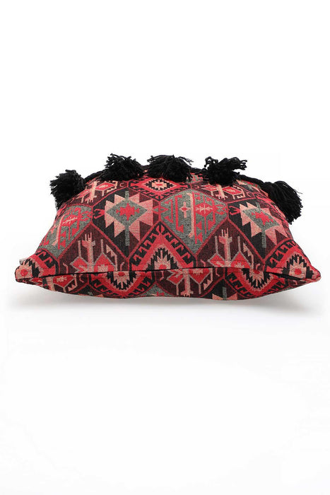 Boho Decorative Fringed 1st Quality Faux Leather Pillow Cover with Tassels 45 x 45 cm (18 x 18 inch) Traditional Anatolian Pattern,K-194
