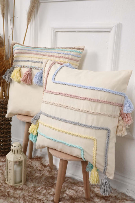 غطاء وسادة ملون مزين بشراشيب مقاس 18 × 18 مع شرائط ملونة، غطاء وسادة مزخرف مصنوع يدويًا في مزرعة لغرفة المعيشة، K-204