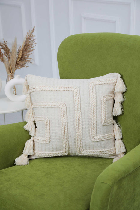 Boho Decorative Knitting Work Cotton Throw Pillow Covers with Tassels 45 x 45 cm (18 x 18 inch) Cushion Covers Farmhouse Pillow Covers,K-254
