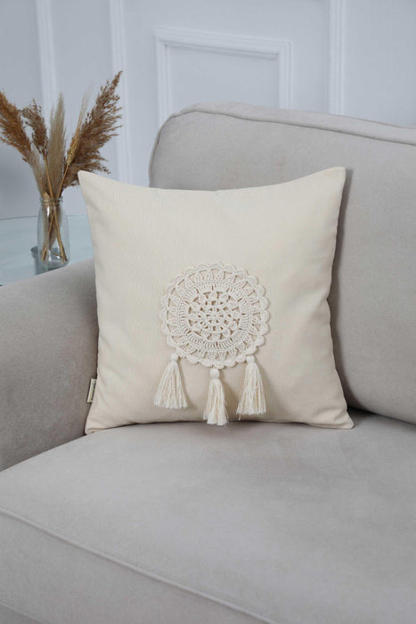 Tasseled Pillow Cover with Beautiful Hand Knitted Motif, Solid Pillow Cover with Hanging Tassels, 18x18 Inches Throw Pillow Cover,K-266