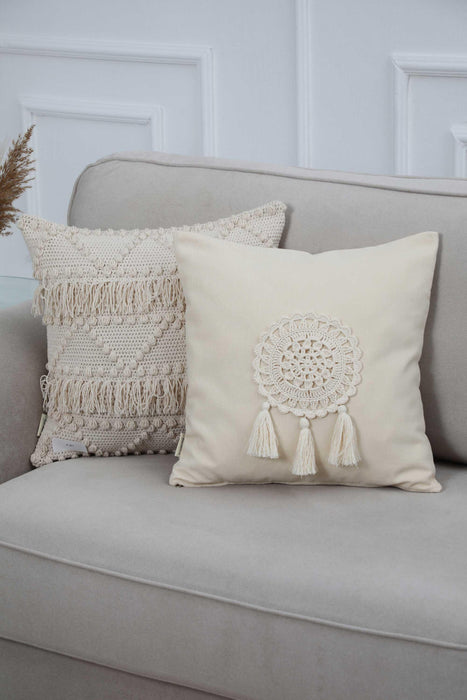 Tasseled Pillow Cover with Beautiful Hand Knitted Motif, Solid Pillow Cover with Hanging Tassels, 18x18 Inches Throw Pillow Cover,K-266