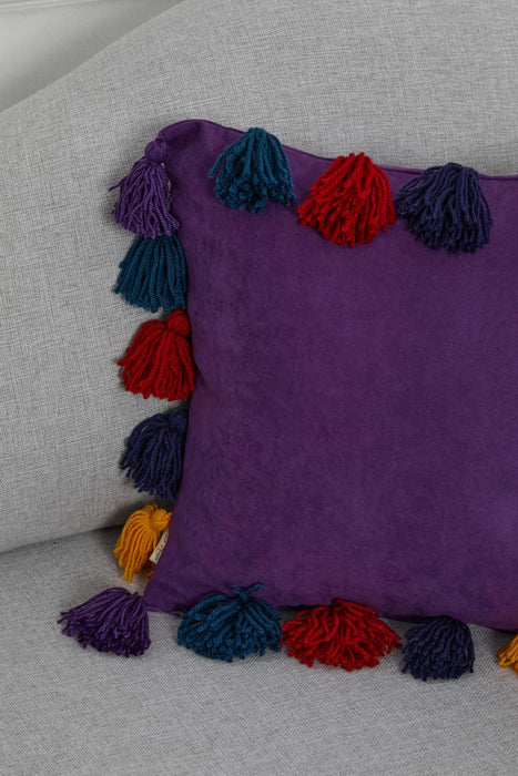 Boho Tasseled Throw Pillow Cover made from Knit Fabric, 18x18 Inches Elegant Throw Pillow Cover with Colourful Tassels on the Edges,K-280