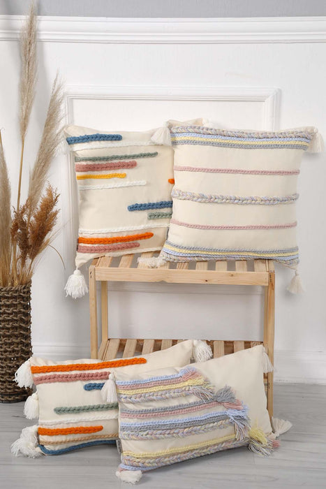 Boho Decorative Linen Throw Pillow Cover with Colorful Stripes, 18x18 Inches Handicraft Cushion Cover for Couch and Chair,K-195