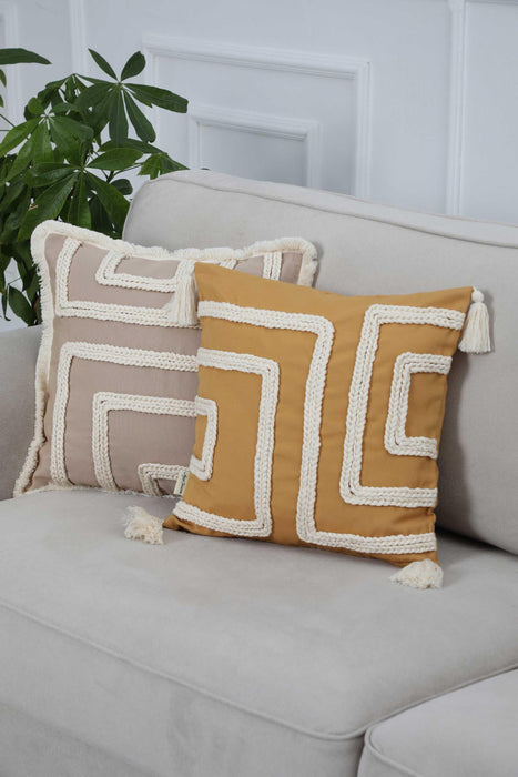Boho Decorative Linen Texture Throw Pillow Cover Square 18x18 inch Handicraft Trimmed Cushion Cover for Sofa Couch Bed Decor,K-253