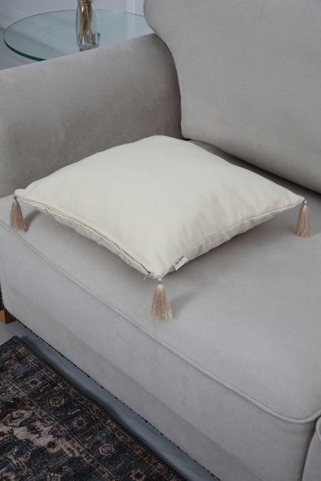 Boho Decorative Linen Texture Throw Pillow Cover with Tassels 18x18 inch Handicraft Trimmed Cushion Cover for Sofa Couch Bed Decor,K-265