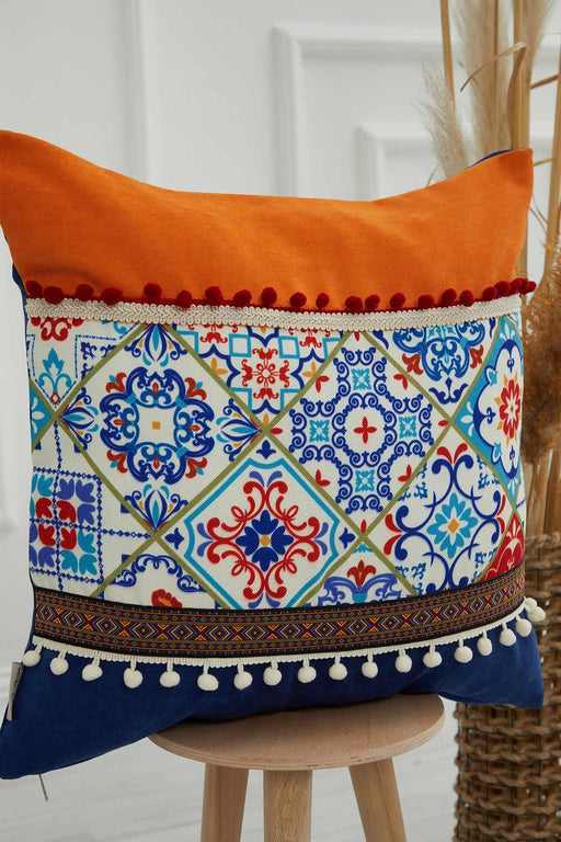 Boho Decorative Colourful Throw Pillow Cover 18x18 Inches Mixture of Printed and Knit Fabric Cushion Cover with Pom-pom Details,K-225 Blue - Orange - Pattern 32