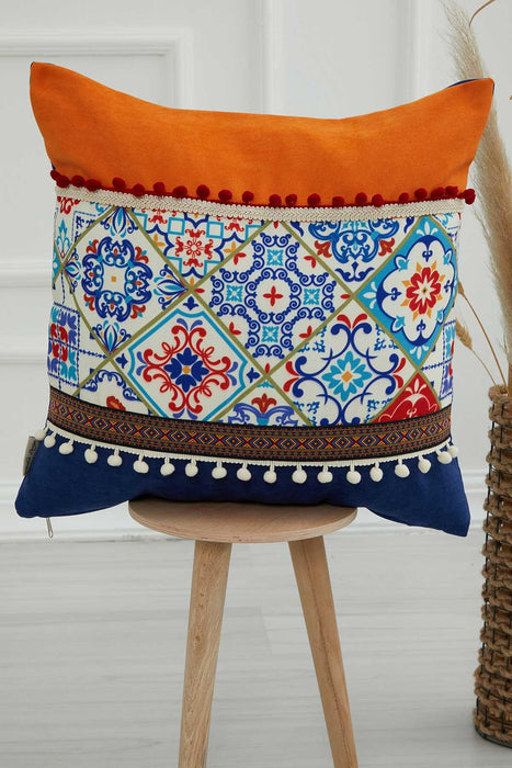 Boho Decorative Colourful Throw Pillow Cover 18x18 Inches Mixture of Printed and Knit Fabric Cushion Cover with Pom-pom Details,K-225