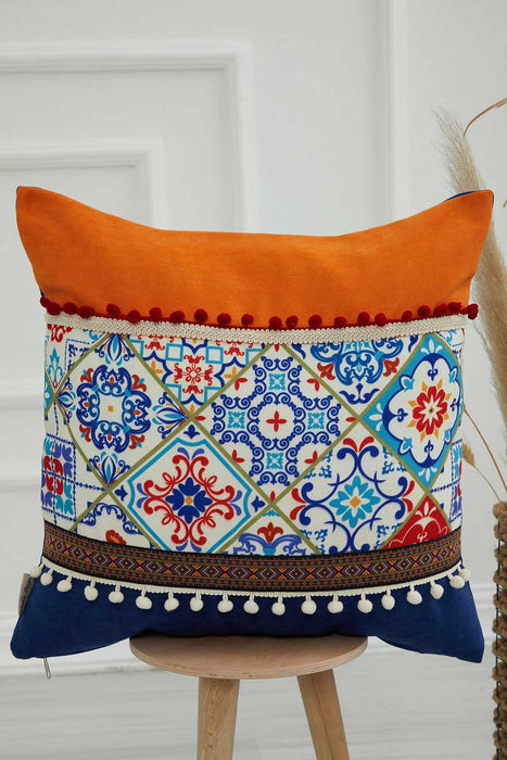 Boho Decorative Colourful Throw Pillow Cover 18x18 Inches Mixture of Printed and Knit Fabric Cushion Cover with Pom-pom Details,K-225