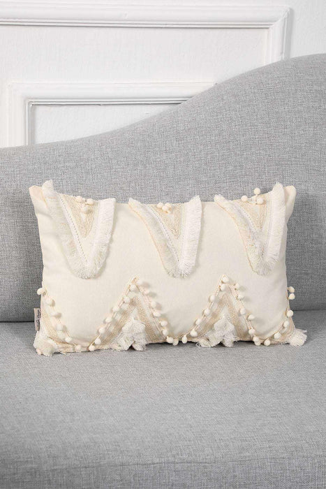 Boho Zigzag Fringed Throw Pillow Cover with Handmade Pom-poms, 20x12 Inches Handicraft Farmhouse Stylish Cushion Cover for Couch,K-217