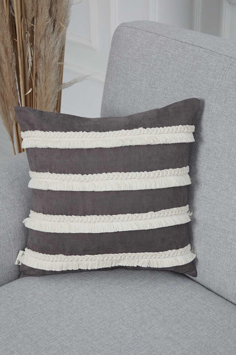 Decorative Throw Pillow Cover with Hand Knitted Fringes, 18x18 Inches Striped Design Throw Pillow Cover, Two Coloured Cushion Cover,K-286