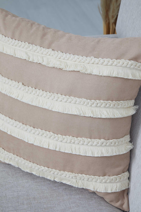 Decorative Throw Pillow Cover with Hand Knitted Fringes, 18x18 Inches Striped Design Throw Pillow Cover, Two Coloured Cushion Cover,K-286