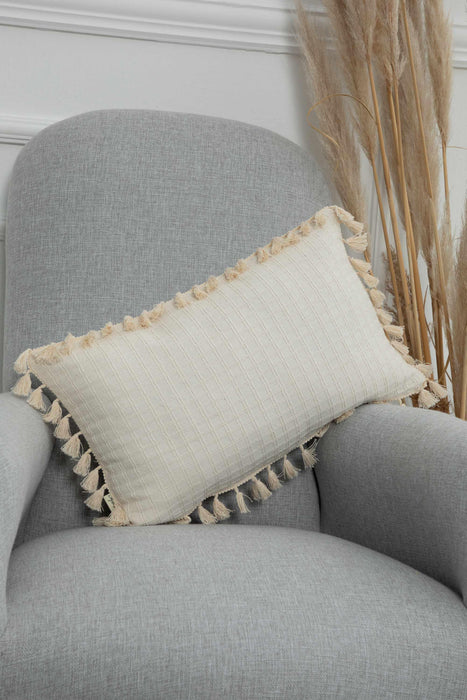 Boho Decorative Throw Pillow Cover with Tassels, Embroidery Linen Texture 30 x 50 cm (12 x 20 inch) Vintage Handicraft Look,,K-226
