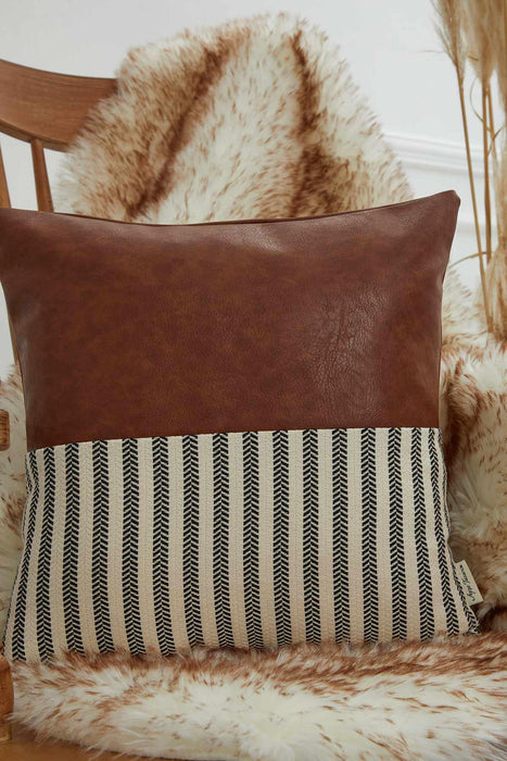 غطاء وسادة بوهو بنمط مخطط وجلد، مقاس 18 × 18 بوصة غطاء وسادة مزخرف عالي الجودة لديكورات المنزل الأنيقة، K-154
