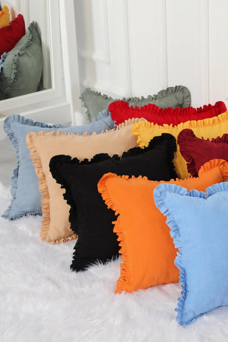 Decorative Throw Pillow Cover with Frilled Edges, 18x18 Inches Modern Design Cushion Cover for Cozy Homes, Solid Modern Pillow Cover,K-107 Black