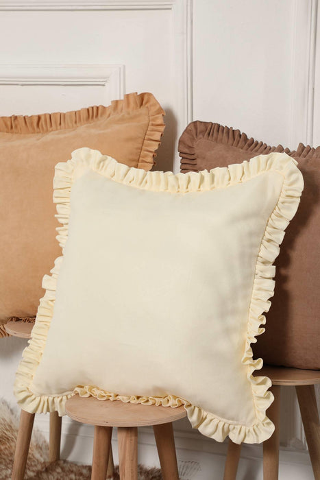 Decorative Throw Pillow Cover with Frilled Edges, 18x18 Inches Modern Design Cushion Cover for Cozy Homes, Solid Modern Pillow Cover,K-107 Ecru