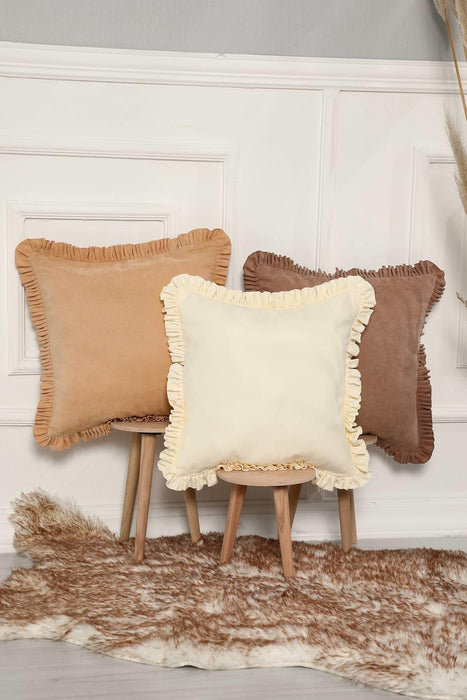 Decorative Throw Pillow Cover with Frilled Edges, 18x18 Inches Modern Design Cushion Cover for Cozy Homes, Solid Modern Pillow Cover,K-107 Ecru