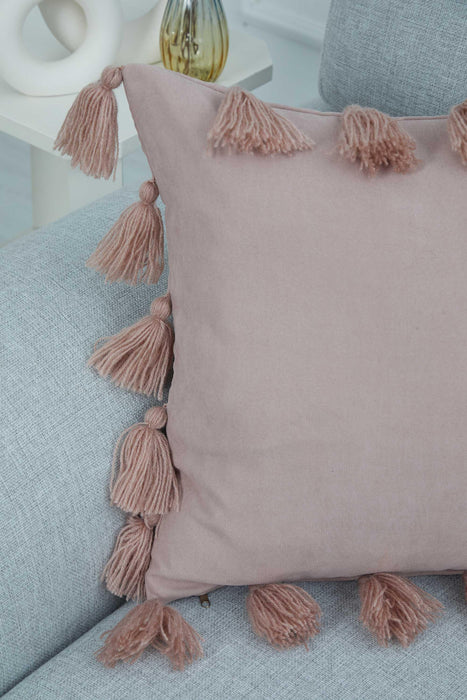 Decorative Throw Pillow Cover Surrounded with Big Tassels, 18x18 Inches Modern Polyester Cushion Cover, Farmhouse Pillow Cover,K-111