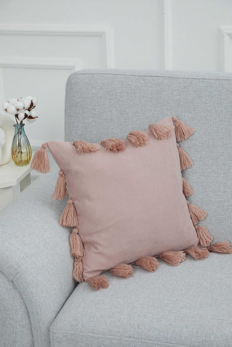 Decorative Throw Pillow Cover Surrounded with Big Tassels, 18x18 Inches Modern Polyester Cushion Cover, Farmhouse Pillow Cover,K-111