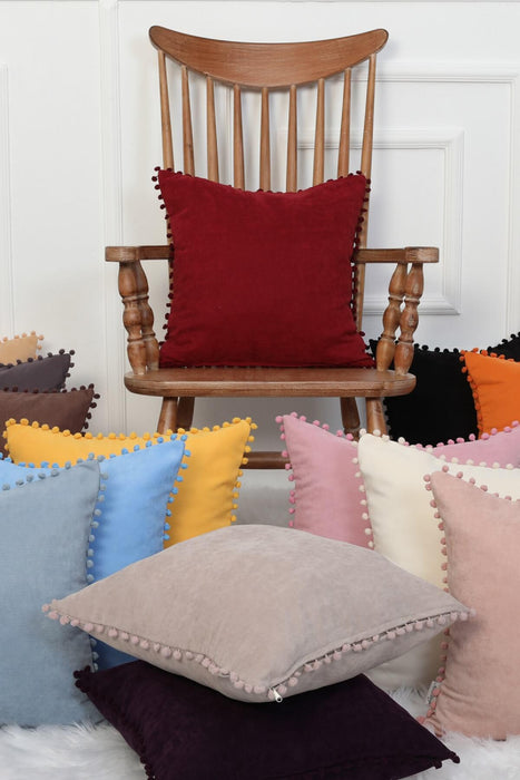 Solid Knit Throw Pillow Cover with Pom-poms, 18x18 Inches Modern Decorative Design Cushion Covers for Couch, Housewarming Gift,K-106 Maroon