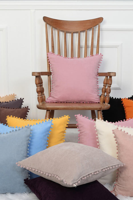 Solid Knit Throw Pillow Cover with Pom-poms, 18x18 Inches Modern Decorative Design Cushion Covers for Couch, Housewarming Gift,K-106 Maroon