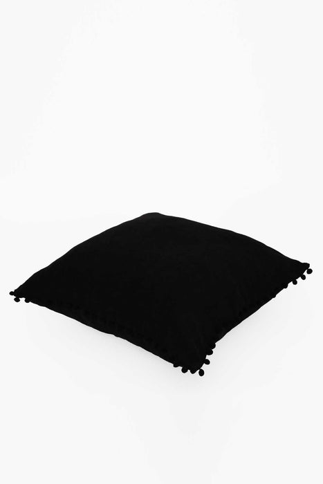 Solid Knit Throw Pillow Cover with Pom-poms, 18x18 Inches Modern Decorative Design Cushion Covers for Couch, Housewarming Gift,K-106 Black