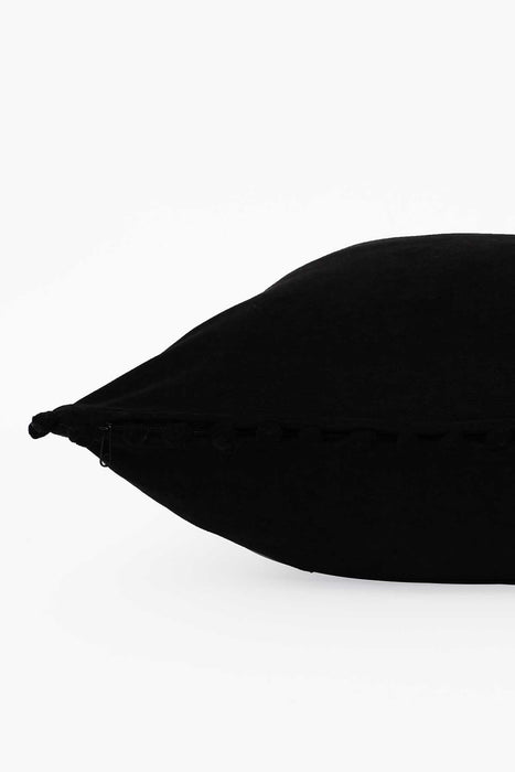 Solid Knit Throw Pillow Cover with Pom-poms, 18x18 Inches Modern Decorative Design Cushion Covers for Couch, Housewarming Gift,K-106 Black