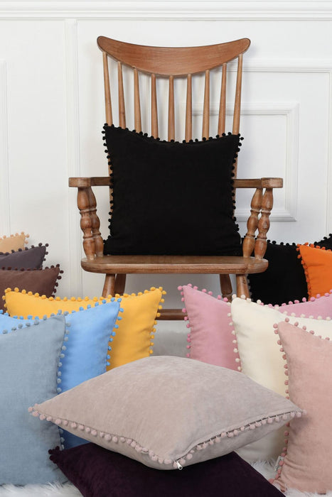 Solid Knit Throw Pillow Cover with Pom-poms, 18x18 Inches Modern Decorative Design Cushion Covers for Couch, Housewarming Gift,K-106 Black