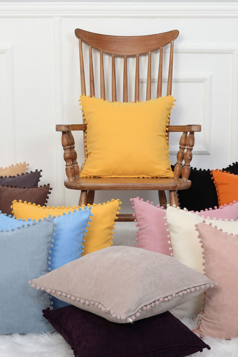 Solid Knit Throw Pillow Cover with Pom-poms, 18x18 Inches Modern Decorative Design Cushion Covers for Couch, Housewarming Gift,K-106 Yellow