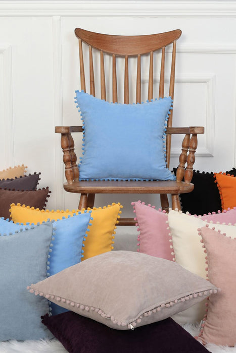 Solid Knit Throw Pillow Cover with Pom-poms, 18x18 Inches Modern Decorative Design Cushion Covers for Couch, Housewarming Gift,K-106 Ecru