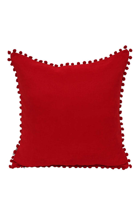 Solid Knit Throw Pillow Cover with Pom-poms, 18x18 Inches Modern Decorative Design Cushion Covers for Couch, Housewarming Gift,K-106 Red