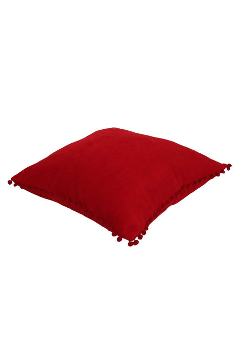 Solid Knit Throw Pillow Cover with Pom-poms, 18x18 Inches Modern Decorative Design Cushion Covers for Couch, Housewarming Gift,K-106 Red