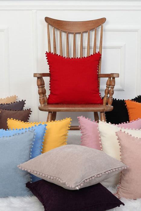 Solid Knit Throw Pillow Cover with Pom-poms, 18x18 Inches Modern Decorative Design Cushion Covers for Couch, Housewarming Gift,K-106 Red