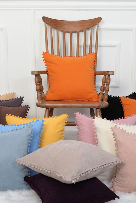 Solid Knit Throw Pillow Cover with Pom-poms, 18x18 Inches Modern Decorative Design Cushion Covers for Couch, Housewarming Gift,K-106 Orange