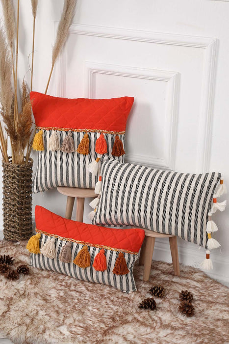 Boho Decorative Throw Pillow Covers with Tassels 12x20 inch Tuffled Cushion Covers Traditional Anatolian Peshtemal Look for Couch Sofa Bed,K-209
